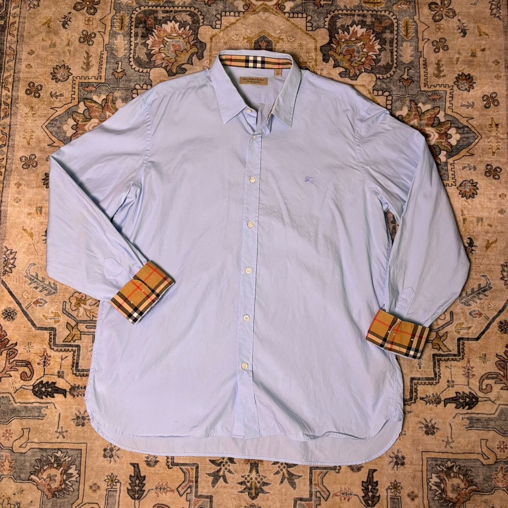 Burberry London England Mens XXL Light Blue Nova Check Cuff Button Down Shirt